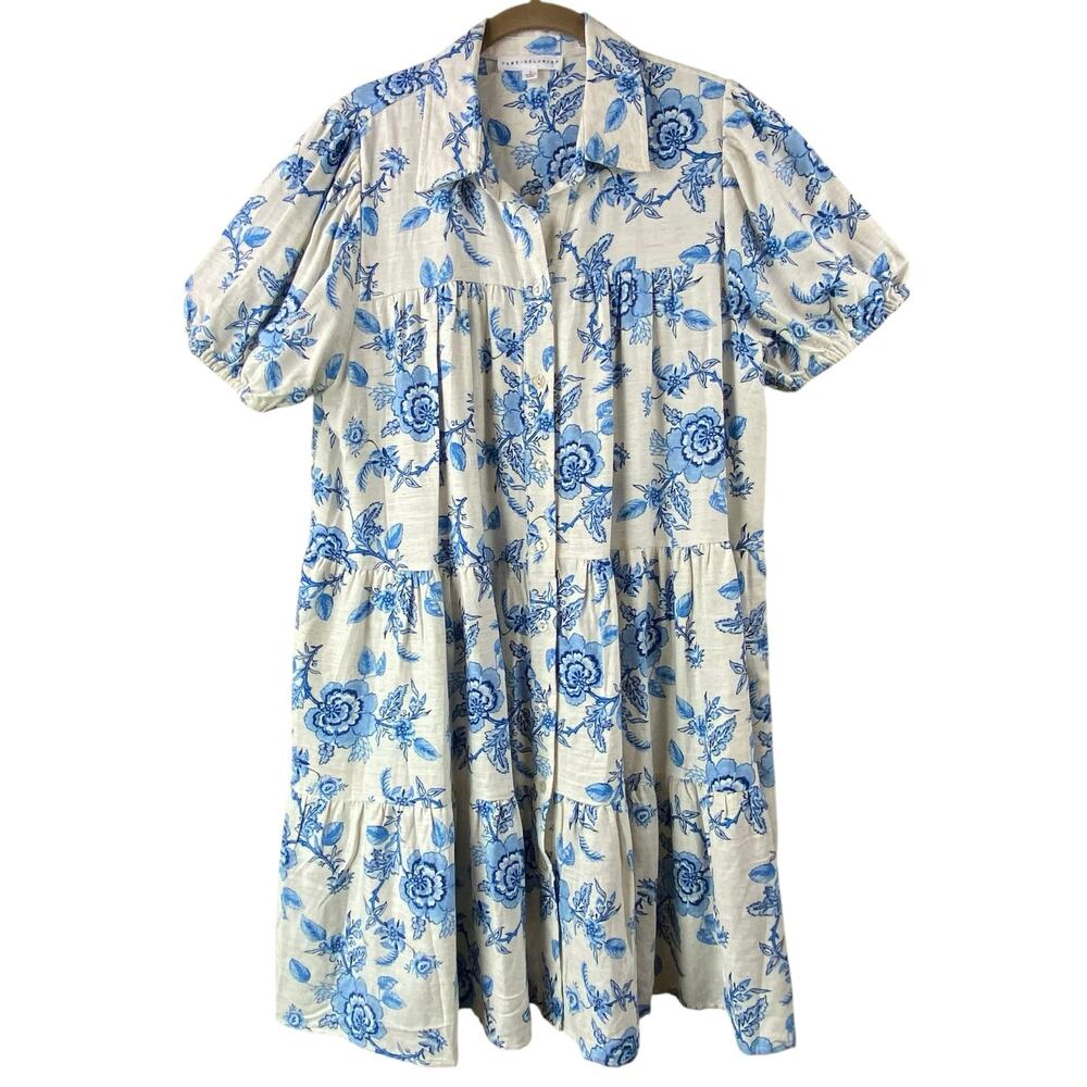 Jane + Delancey Blue Floral Tiered Dress Size L Short Puff Sleeves